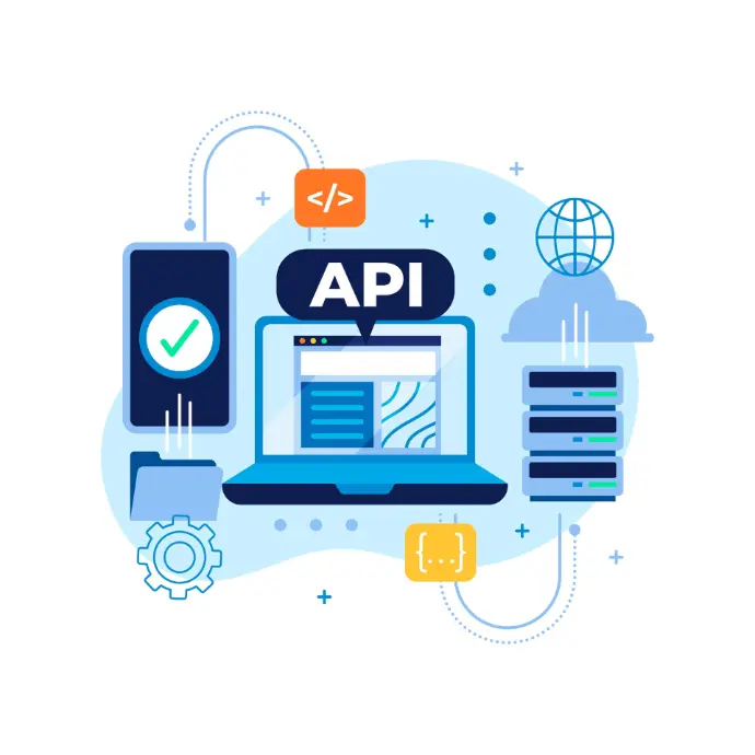 API integration illustration with cloud, server and connection icons