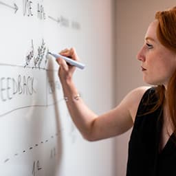 Person drawing a workflow diagram on a whiteboard